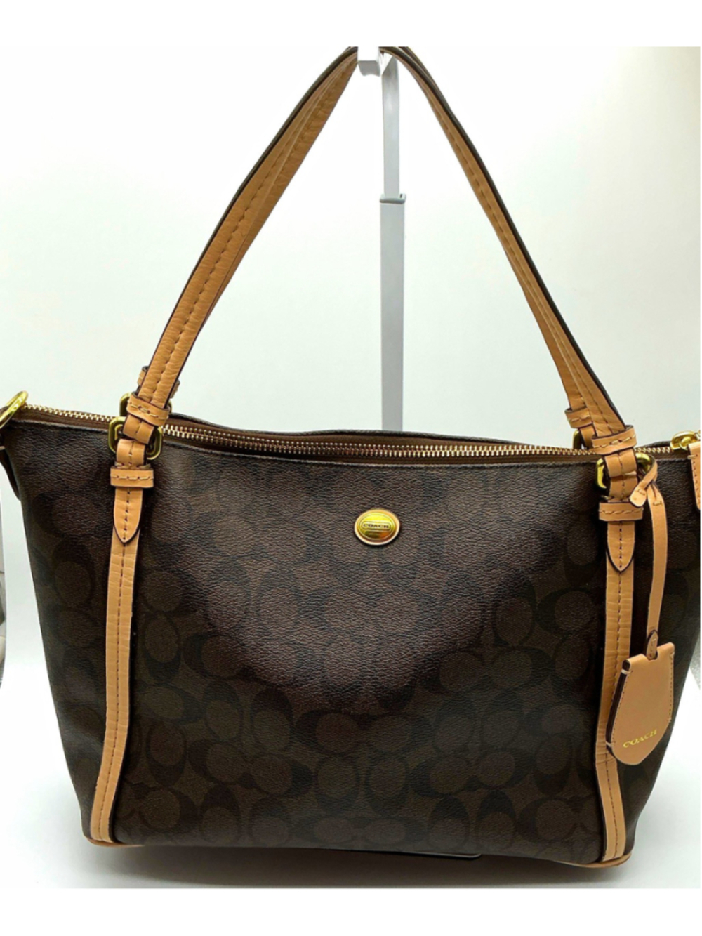 Coach Peyton F28366 Signature Brown Convertible Tote Shoulder Bag Leather Trim